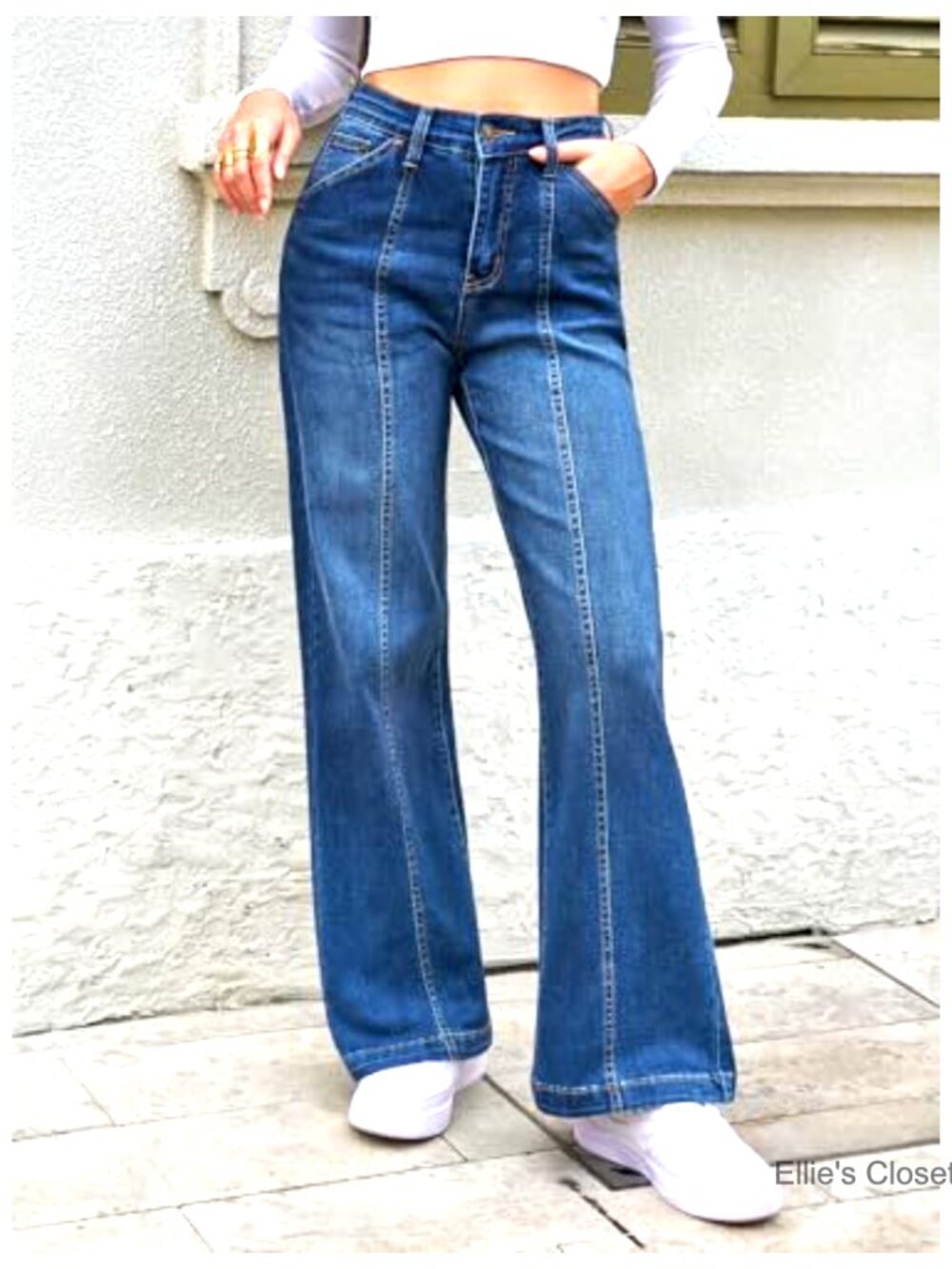 Wide Leg Jeans High Waisted Baggy Stretchy Front Seam Denim Pants - Picture 5 of 7